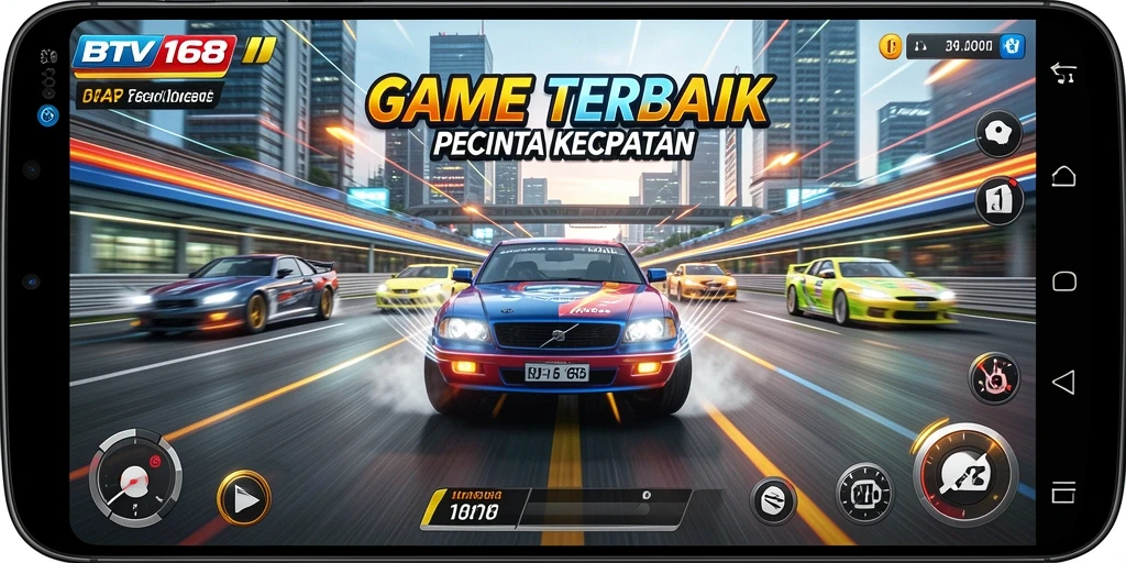 Screenshot utama BTV168 menampilkan aksi balap cepat di lintasan.