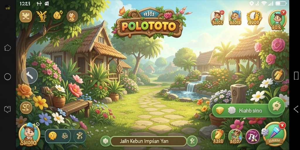 Tampilan gameplay POLOTOTO yang menarik dengan kebun subur dan aktivitas bertani.